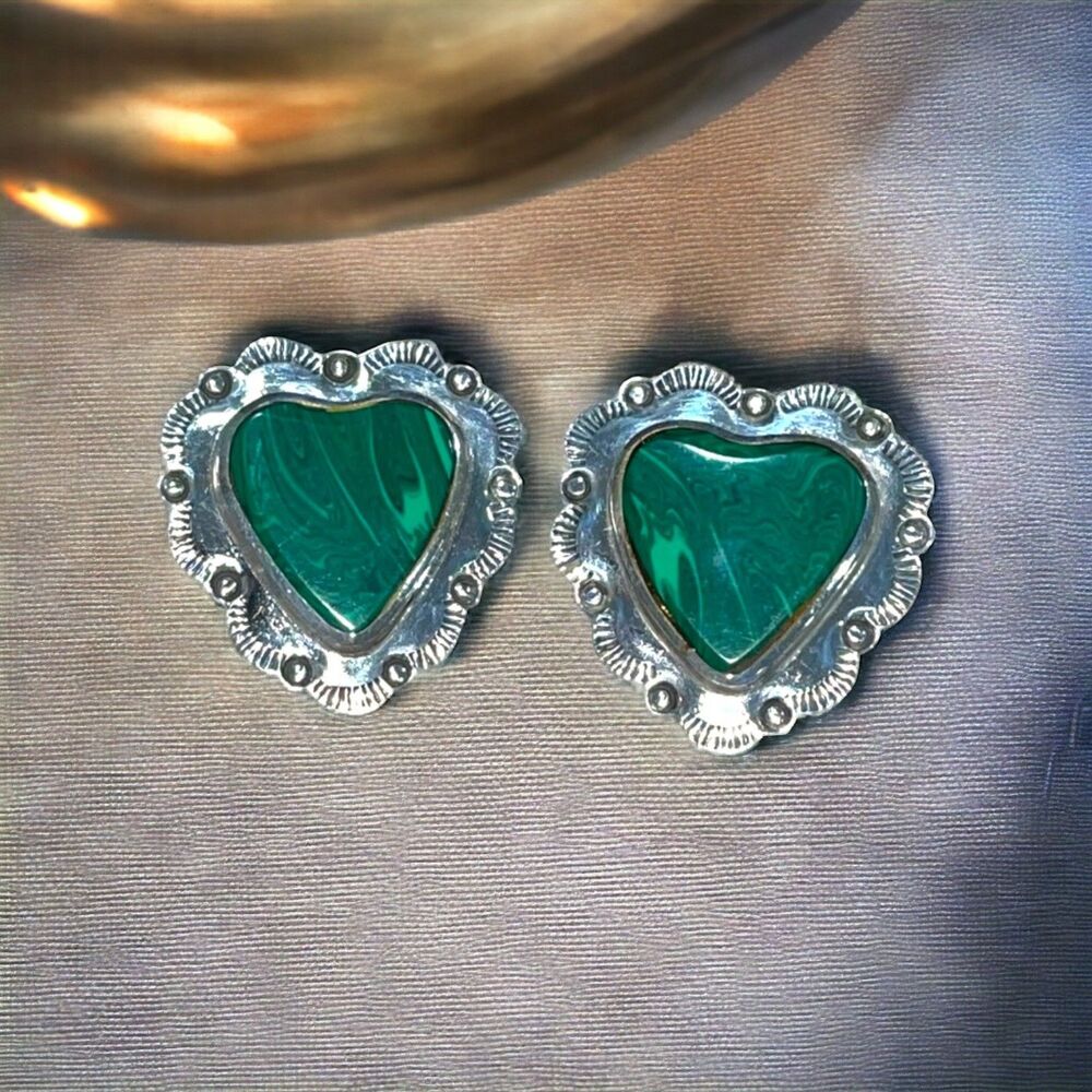 Vtg Sterling Silver 925 Signed Malachite Chunky Concho Heart Clip-on Earrings